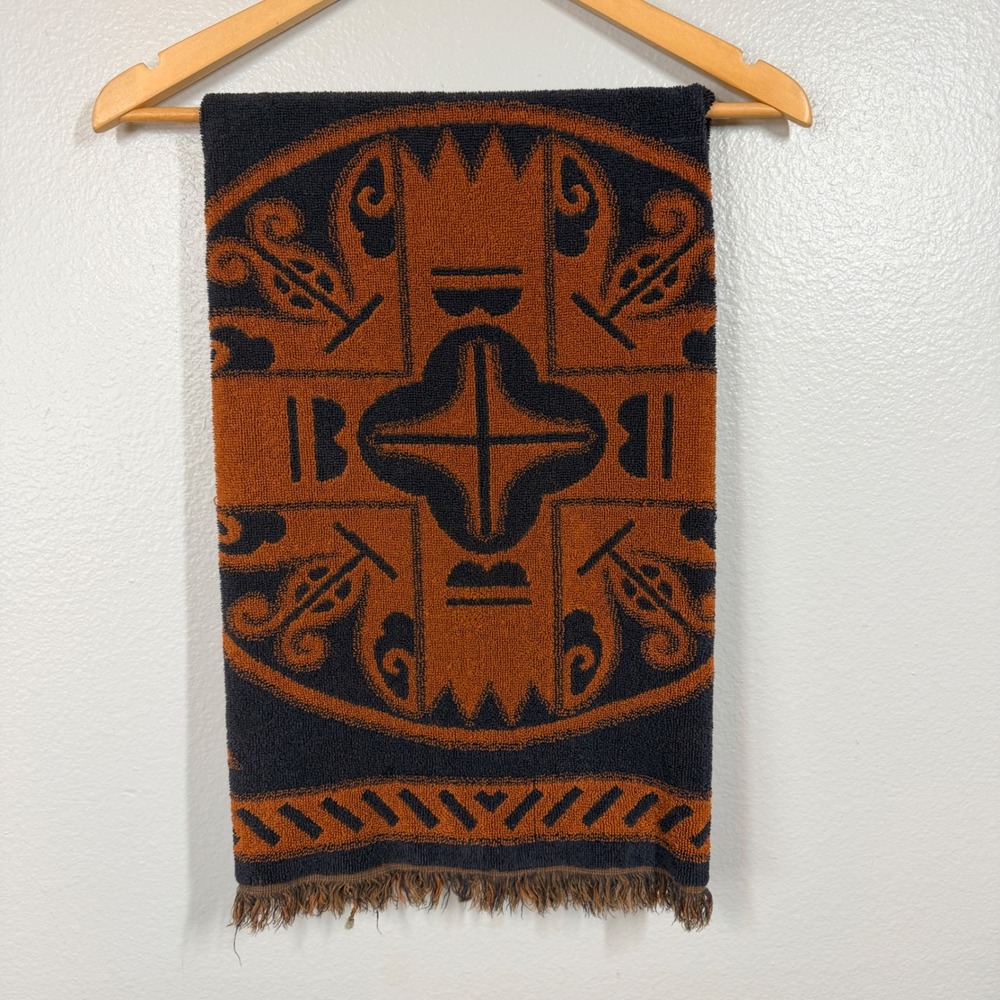 Vintage Sears Bath Towel Orange Navy Blue Geometric Fringe Cotton Blend